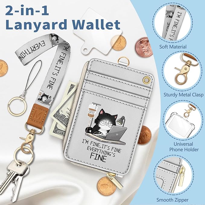 Lanyard Wallet with Id Badge Holder, Funny Cat RFID Small Keychain Wallet Women Wristlet, Cute Zipper Credit Card Holder Phone Wrist Neck Strap for Key Name Tag, Teacher Office Work Gifts