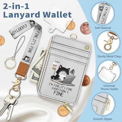 Lanyard Wallet with Id Badge Holder, Funny Cat RFID Small Keychain Wallet Women Wristlet, Cute Zipper Credit Card Holder Phone Wrist Neck Strap for Key Name Tag, Teacher Office Work Gifts