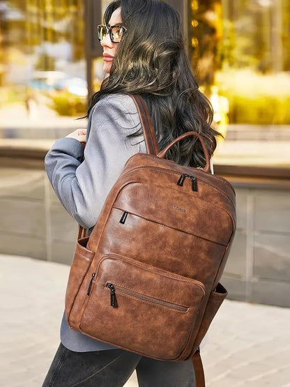 Leather Laptop Backpack for Women 15.6 Inch Laptop Travel Backpack Purse Casual Daypack with Laptop Compartment for College Work Nurse Business Weekender, Brown