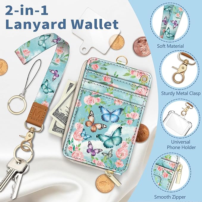 Lanyard Wallet with Id Badge Holder, Butterfly RFID Small Keychain Wallet Women Wristlet, Cute Zipper Credit Card Holder Phone Wrist Neck Strap for Key Name Tag, Teacher Student Office Gifts