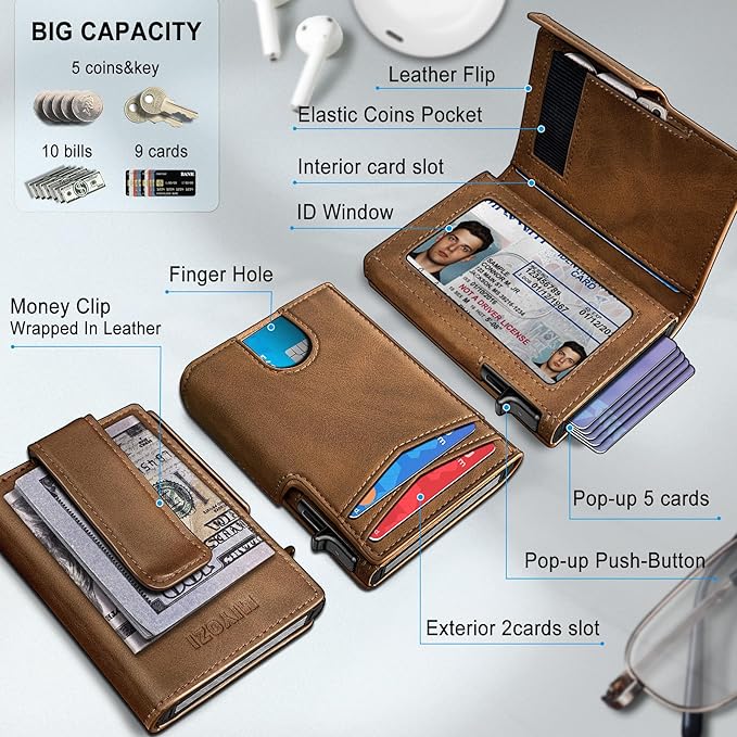 miyozi Wallet for Men, Magnetic Minimalist Slim Wallet with Pop Up Card Holder, 9 Cards RFID Blocking Metal Credit Card Case, Leather Wrapped Money Clip, ID Window & Small Item Slot, Gift Boxed