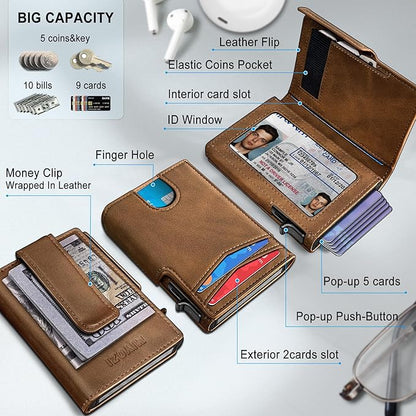 miyozi Wallet for Men, Magnetic Minimalist Slim Wallet with Pop Up Card Holder, 9 Cards RFID Blocking Metal Credit Card Case, Leather Wrapped Money Clip, ID Window & Small Item Slot, Gift Boxed