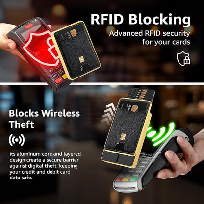 VENICE RFID Blocking Wallet, Minimalist Card Holder with Quick Access, Vegan Leather & Brushed Aluminum, Gift-Ready Packaging (Black & Gold)