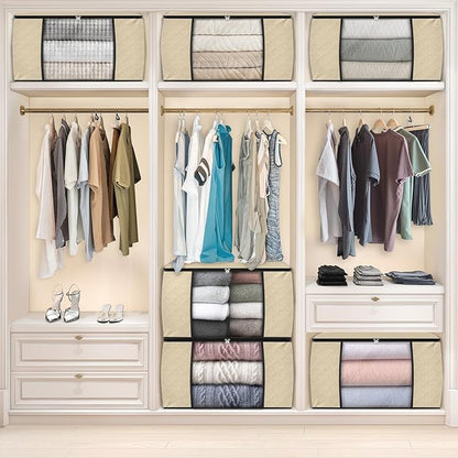 Fab totes 8 Pack Clothes Storage, Foldable Thick Fabric Blanket Storage Bags, Containers for Organizing Bedroom, Closet, Clothing, Comforter, Organization with Handle,Beige