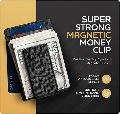 Claasico Men’s Leather Money Clip Wallet – Slim Front Pocket Wallet w/Super Strong Magnetic Clip, RFID Blocking, 5 Card Slots & Center Pocket + ID Window