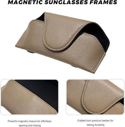 Sunglass Holder for Car Visor, Magnetic Auto Sun Visor Eyeglass Organizer with Dual Back Clips, Leather Glasses Protective Storage Case Universal for Most Vehicles Visors (Brown)