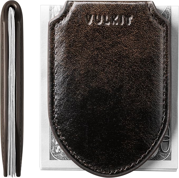VULKIT Luxury Money Clip Top Grain Leather Magnetic Closure VULKIT Streamline Design Money Clip Wallet, Holds 10-20 Bills