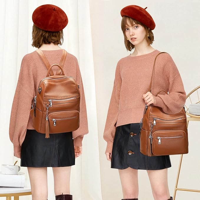 ALTOSY Genuine Leather Backpack Purse for Women Large Shoulder Bag With Laptop Compartment Multiple Pockets(S106 Brown)