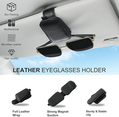 SINGARO Sunglasses Holder for Car, Leather Magnetic Buckle Sun Visor Sunglass Clip, Ticket Card Storage Glasses Clip, Car Interior Accessories for Men and Women（Black）