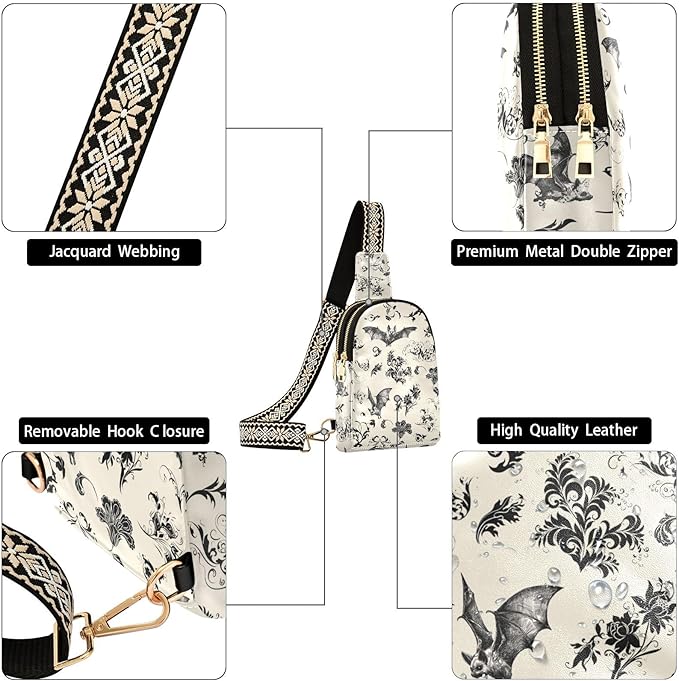 ZAZYXTJ Gothic Bat Flowers Crossbody Sling Bag for Women Leather Small Chest Bag Adjustable Straps Daypack for Travel Sport Hiking