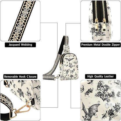 ZAZYXTJ Gothic Bat Flowers Crossbody Sling Bag for Women Leather Small Chest Bag Adjustable Straps Daypack for Travel Sport Hiking