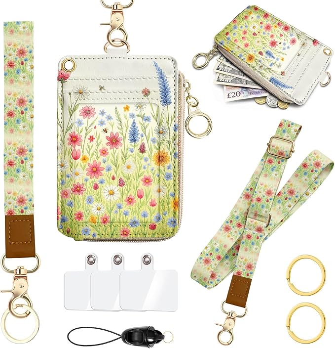Floral Lanyard Wallet, PU Leather Lanyards for ID Badges, RFID Blocking, ID Badge Holder with Zipper Pocket Detachable Phone Lanyard Keychain Wristlet for Office School Business
