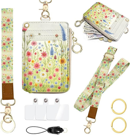 Floral Lanyard Wallet, PU Leather Lanyards for ID Badges, RFID Blocking, ID Badge Holder with Zipper Pocket Detachable Phone Lanyard Keychain Wristlet for Office School Business