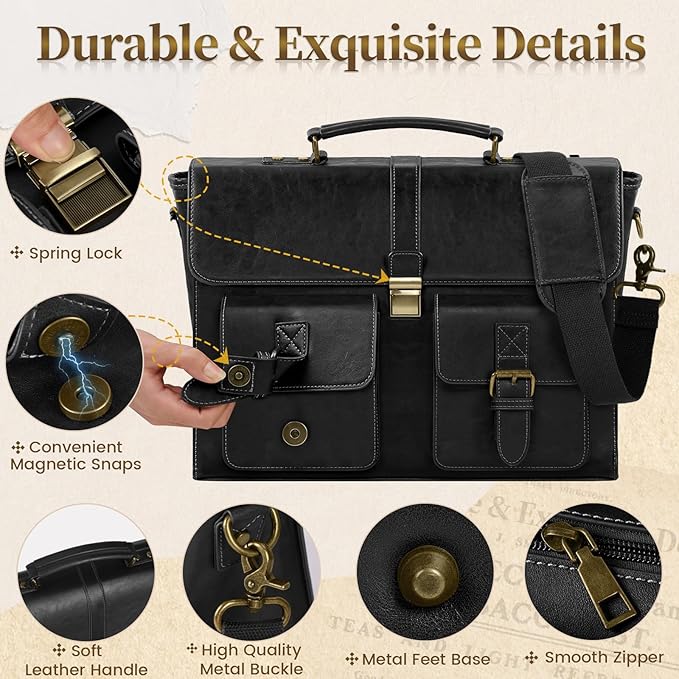 RAINSMORE Mens Messenger Bag 15.6 Inch Leather Vintage Laptop Briefcase Waterproof Computer Laptop Bag Leather Satchel Bag Large Shoulder Bag for Office Work Travel College, Black