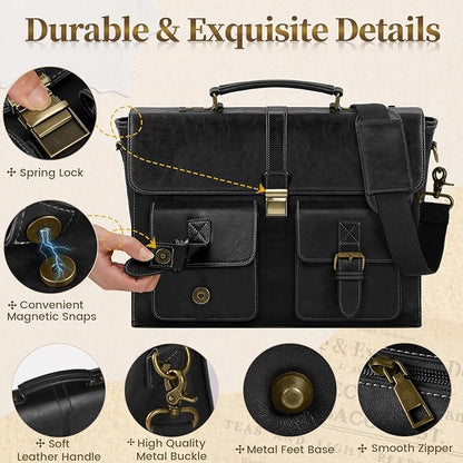 RAINSMORE Mens Messenger Bag 15.6 Inch Leather Vintage Laptop Briefcase Waterproof Computer Laptop Bag Leather Satchel Bag Large Shoulder Bag for Office Work Travel College, Black