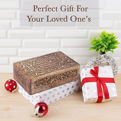Ajuny Wooden Hand Carved Jewelry Box - Mango Wood Celtic Flower Carving Decorative Keepsake Box, Memory Box Organizer Travel Treasure Chest Trinket Holder Case Great Gifts 8x5 Inch