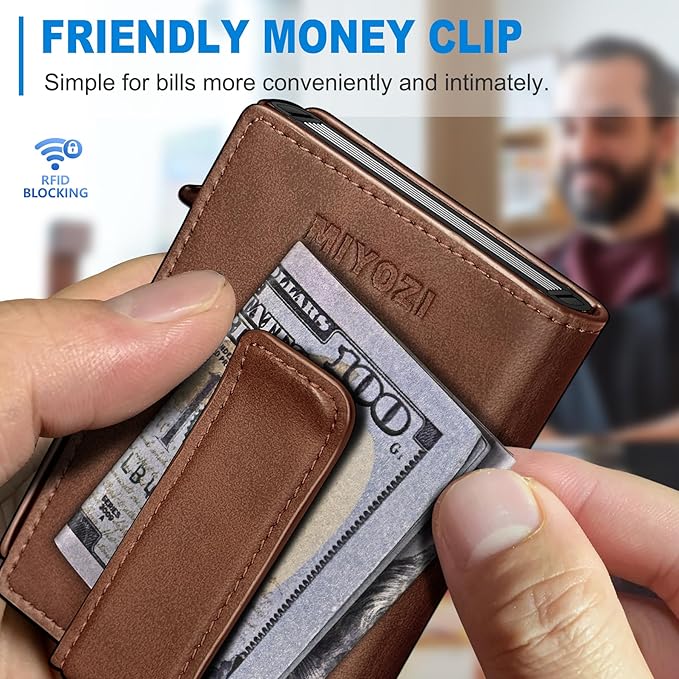 miyozi Wallet for Men, Magnetic Minimalist Slim Wallet with Pop Up Card Holder, 9 Cards RFID Blocking Metal Credit Card Case, Leather Wrapped Money Clip, ID Window & Small Item Slot, Gift Boxed