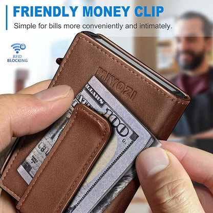 miyozi Wallet for Men, Magnetic Minimalist Slim Wallet with Pop Up Card Holder, 9 Cards RFID Blocking Metal Credit Card Case, Leather Wrapped Money Clip, ID Window & Small Item Slot, Gift Boxed