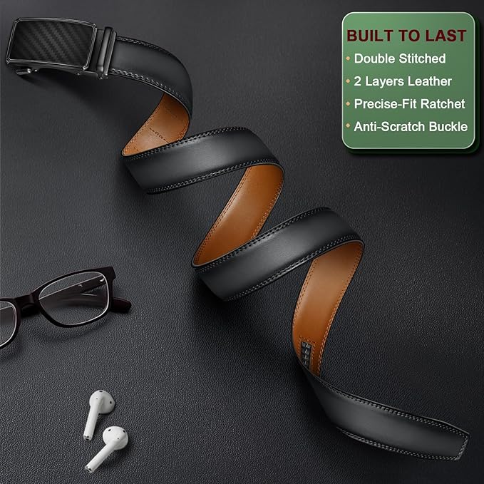 KEMISANT Men Belt Ratchet Click Belt Genuine Leather Adjustable For Men Golf Dress Casual Jeans 1 3/8-Cut For Fit