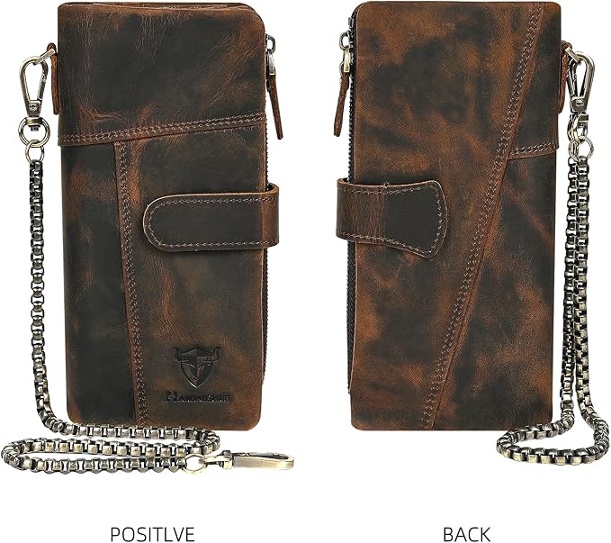 Genuine Crazy Horse Leather Travel Gift Coin Pocket Card Case Long Organizer Chain Rfid Wallet Purse With Snap For Men Male 1803 1815 (1803B-Brown)