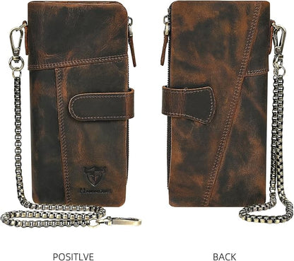 Genuine Crazy Horse Leather Travel Gift Coin Pocket Card Case Long Organizer Chain Rfid Wallet Purse With Snap For Men Male 1803 1815 (1803B-Brown)