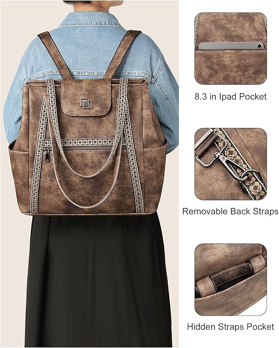 FADEON Large Laptop Tote Bag for Women Designer Leather Laptop Bag Fashion Travel Backpack Purse Shoulder Handbag