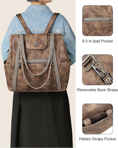 FADEON Large Laptop Tote Bag for Women Designer Leather Laptop Bag Fashion Travel Backpack Purse Shoulder Handbag