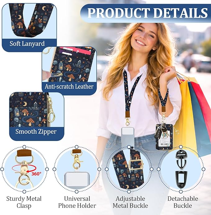ID Badge Holder with Lanyards Wallet, Skull Mushroom Snake ID Badges with Zipper, RFID Card Holder for Women, Detachable Neck Lanyard Wrist Strap with Keychain for Teacher Student Gifts