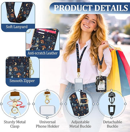 ID Badge Holder with Lanyards Wallet, Skull Mushroom Snake ID Badges with Zipper, RFID Card Holder for Women, Detachable Neck Lanyard Wrist Strap with Keychain for Teacher Student Gifts