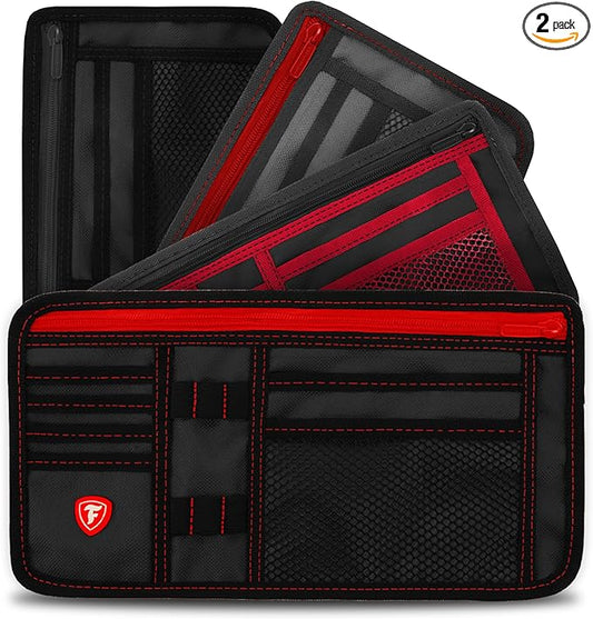 Firestone 2 Pack Sun Visor Organizer Car Accessories for Men & Women, Multi Pocket Visor Storage with Pockets & Card Slots, Eyeglass Holder, Document Holder & Pen Slots - Fits Most Vehicles, Black Red