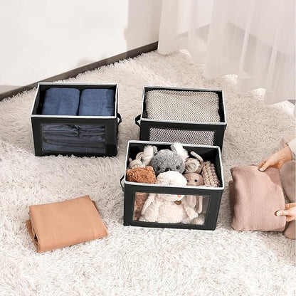 Homsorout Cube Storage Bins with Lids, Clear Window Storage Baskets for Organizing, Fabric Organizer Bins with Handle, Cloth Storage Bins for Shelves, Closet, Clothes, Towels, 4 Packs, Black