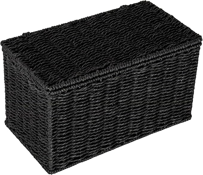 Household Essentials Small Handwoven Paper Rope Wicker Basket with Lid, Black