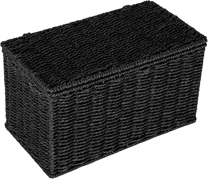 Household Essentials Small Handwoven Paper Rope Wicker Basket with Lid, Black