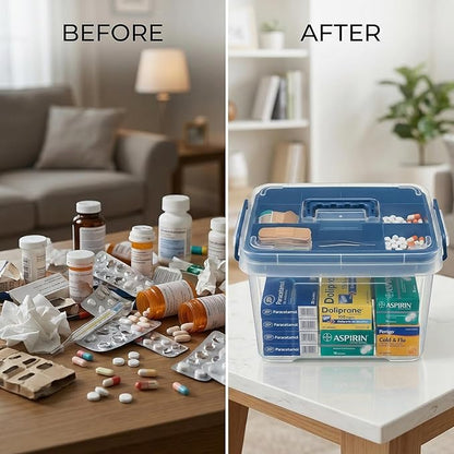 Pulseplay Clear Medicine Organizer Box with Handle Medicine Cabinet Organizer with Removable Tray First Aid Box Empty for Home Travel Outdoor (Blue)