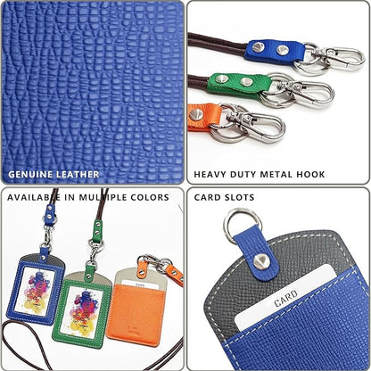 Badge Holder: Boshiho Cowhide Leather ID Badge Card Holder with 19" Neck Lanyard, Vertical Style (Blue-Dark Gray)