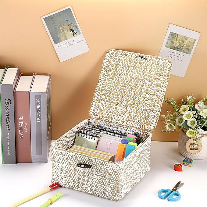 Hipiwe Handwoven Seagrass Basket with Lid Square Wicker Basket Bin Closet Storage Box Multipurpose Household Organize Container for Home Decor, Small,Whitewash