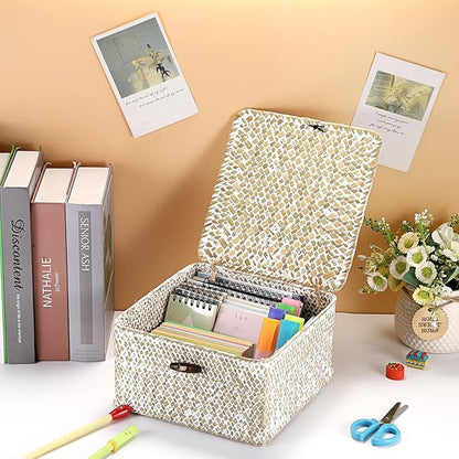 Hipiwe Handwoven Seagrass Basket with Lid Square Wicker Basket Bin Closet Storage Box Multipurpose Household Organize Container for Home Decor, Small,Whitewash