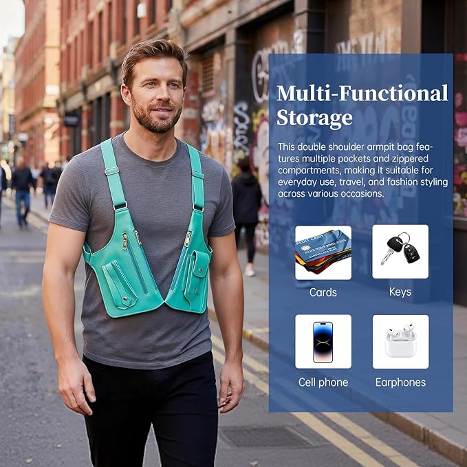 Double Shoulder Armpit Bag for Men, Anti-Theft Underarm Shoulder Holster Bag with Adjustable Strap, Hidden Phone Wallet Pocket for Travel & Daily Commute (Turquoise)