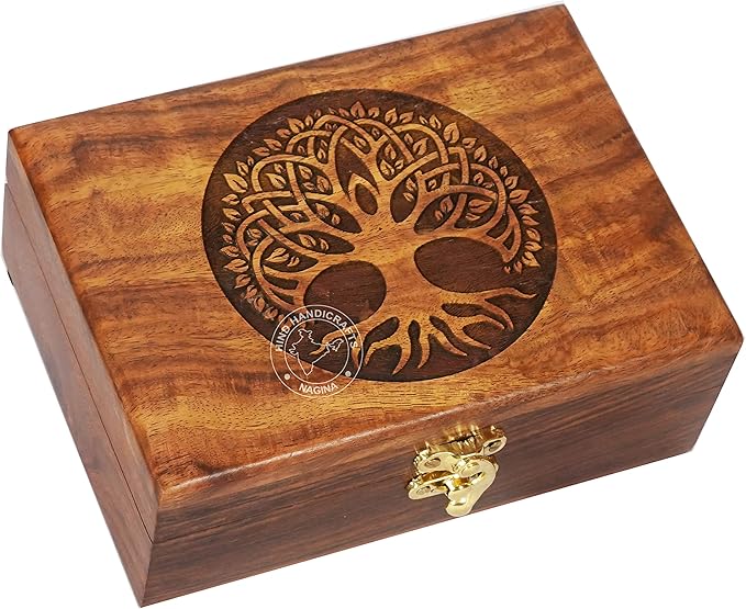 Rosewood Handmade Wooden Urn | Tree of Life Engraving Handcarved Jewellery Box for Women & Men | Home Decor Accents | Decorative Keepsake Box | Storage & Organiser (7"x5"x2.5", - 60 Cubic Inch)
