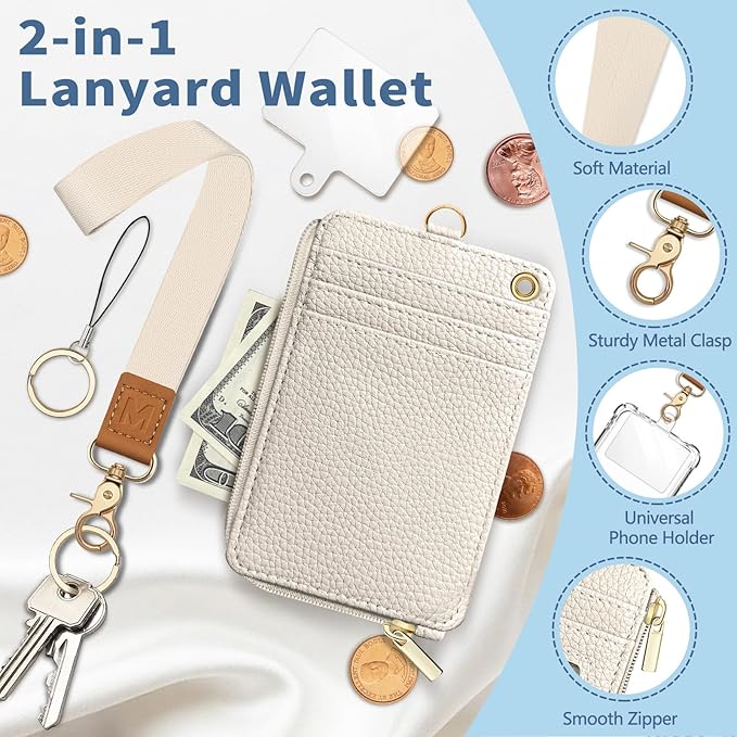 Lanyard Wallet with Id Badge Holder, White RFID Small Keychain Wallet Women Wristlet, Minimalist Zipper Credit Card Holder Phone Wrist Neck Strap for Key Name Tag, Teacher Student Office Gift