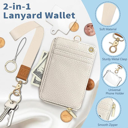 Lanyard Wallet with Id Badge Holder, White RFID Small Keychain Wallet Women Wristlet, Minimalist Zipper Credit Card Holder Phone Wrist Neck Strap for Key Name Tag, Teacher Student Office Gift