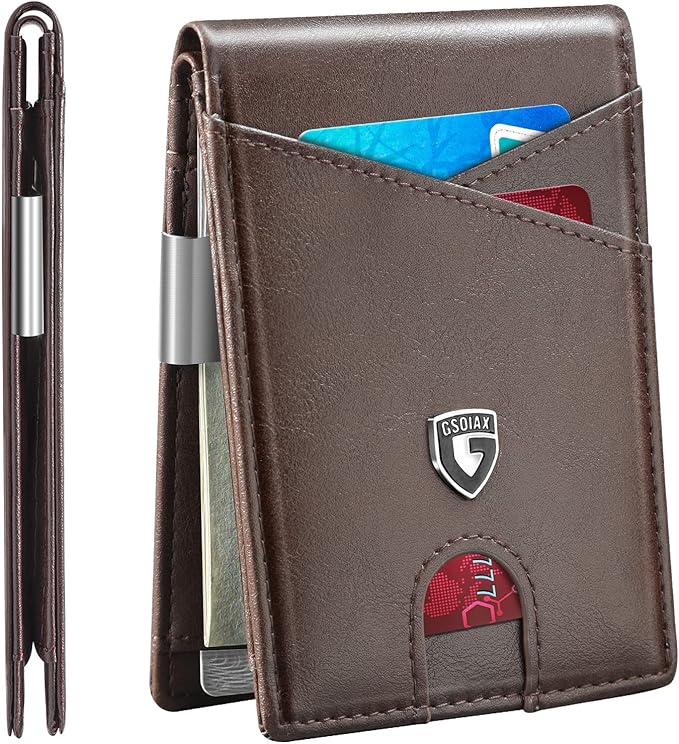 GSOIAX Slim Leather RFID Bifold Wallet for Men Minimalist Front Pocket Wallet with Money Clip,12 Card Slots,ID Window,Cool Groove Design,Includes Gift Box (Leather Brown)