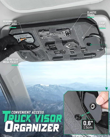 LIVANS Tactical Car Sun Visor Organizer, Auto Accessories Semi-Rigid Molle Panel with Zipper Storage Pouch & Glasses Holder, Gift for Car Gear, Fit Cars, Trucks, Suvs, Jeeps & Patrols (Gray)