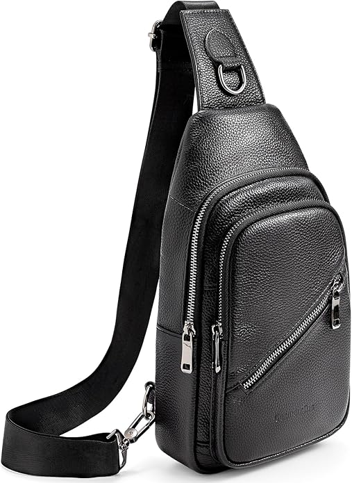 Leather Sling Bag Crossbody Bags for Men, Chest Pack for Daily Travel Leisure Sport（Black/Brown）