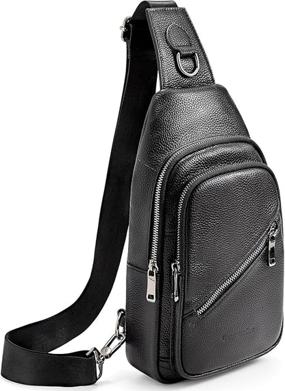 Leather Sling Bag Crossbody Bags for Men, Chest Pack for Daily Travel Leisure Sport（Black/Brown）
