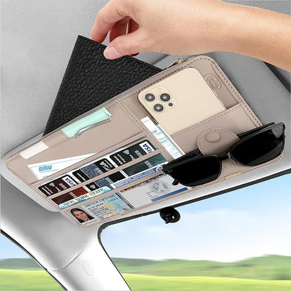 Leather Car Sun Visor Organizer for Cars, Trucks & SUVs: Features Sunglasses Holder, Secure Zipper Pockets, and 6 Clear Windows for Registration, Driver's License, and Insurance Card（Grey）