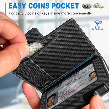 miyozi Wallet for Men, Magnetic Minimalist Slim Wallet with Pop Up Card Holder, 9 Cards RFID Blocking Metal Credit Card Case, Leather Wrapped Money Clip, ID Window & Small Item Slot, Gift Boxed