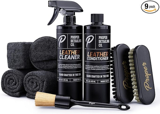 PROPER DETAILING CO. Car Leather Cleaner and Conditioner, Clean and Protect for long lasting leather, 9 Piece Deluxe Leather Care kit for professional results, leather car cleaner, conditioner leather