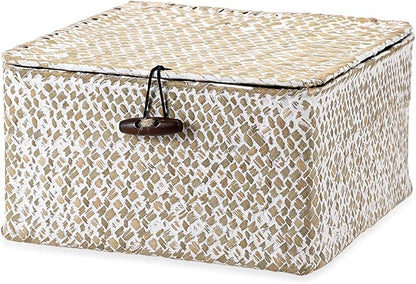 Hipiwe Handwoven Seagrass Basket with Lid Square Wicker Basket Bin Closet Storage Box Multipurpose Household Organize Container for Home Decor, Small,Whitewash