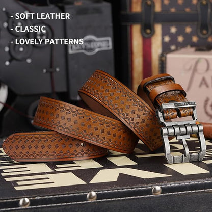 BISON DENIM Men's Genuine Leather Casual Belt, Classic Western Cowboy Dress Belts